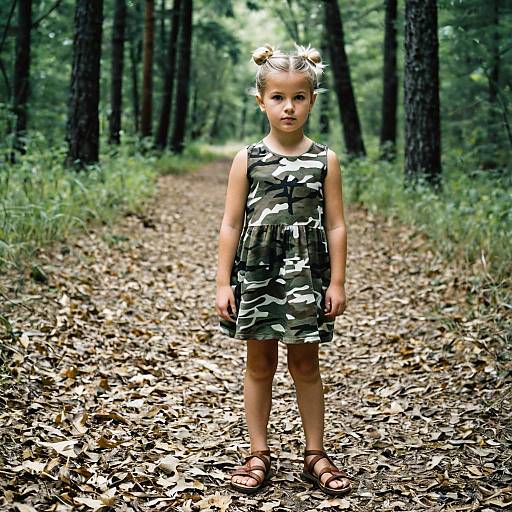 Young Girl in Camo Dress Standing on Forest Path