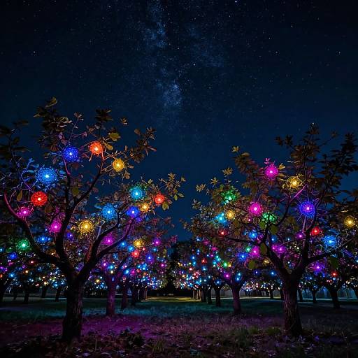 Nighttime photograph of trees adorned with colorful Christmas lights, set against a starry sky and visible Milky Way, creating a magical, festive scene.