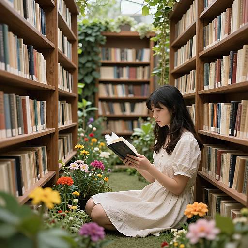 Photograph of a young woman with long black hair, wearing a white dress, sitting between bookshelves, reading a book surrounded by vibrant flowers in