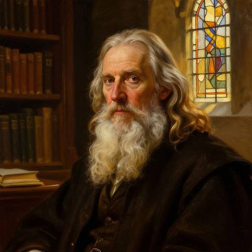 Photorealistic digital painting of an elderly, white-haired, bearded man in a dark robe, seated in a dimly lit library with a stained
