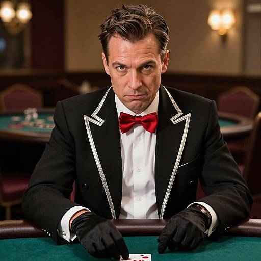 Photograph of a stern-looking man in a black tuxedo with white trim, red bow tie, and black gloves, leaning over a green poker