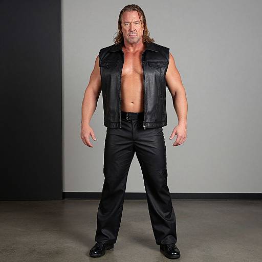 Photograph of a muscular, middle-aged man with long brown hair, wearing a black leather vest, black pants, and black shoes, standing confidently against
