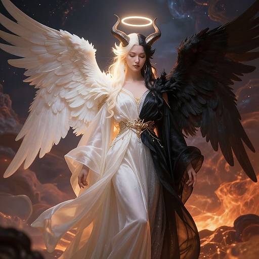 Digital artwork of a celestial figure with white angel wings, black feathered wings, horns, glowing halo, white and black dress, against a fiery,
