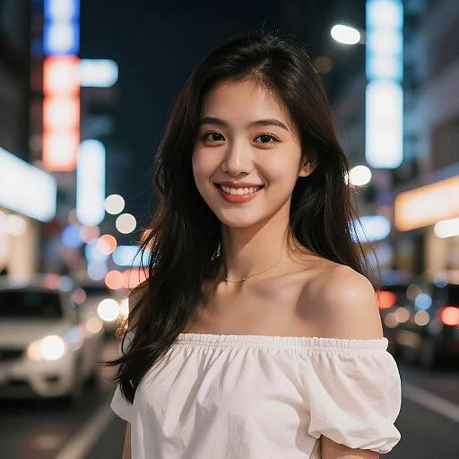 Smiling Young Woman in City Night