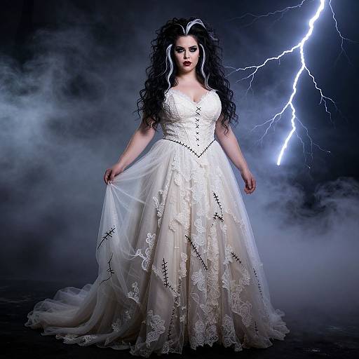 Photograph of a pale-skinned woman with wild black hair, wearing a white lace wedding dress, standing against a dark stormy background with a bright