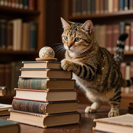 Photograph of a curious tabby cat with green eyes, pawing a decorative orb on a stack of old, leather-bound books in a dimly
