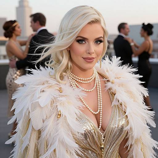 Photograph of a blonde woman with wavy hair, wearing a glittery gold dress, white feathered cape, and multiple pearl necklaces, standing
