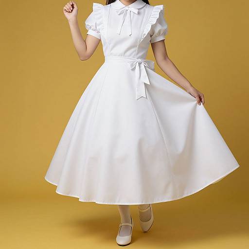 Photograph of a woman in a vintage-style white puffy-sleeved dress with a bow, holding the skirt, against a yellow background.