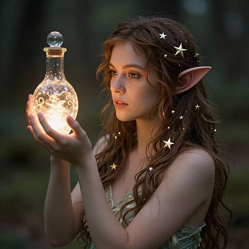 Photograph-style digital art: Elf woman with long, wavy brown hair, pointed ears, holding glowing glass bottle, surrounded by stars, in dim