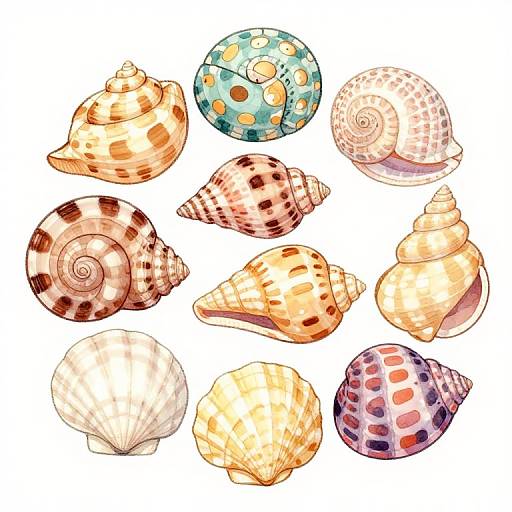 Digital illustration of twelve colorful seashells with various patterns and shapes, arranged in a loose grid on a white background.