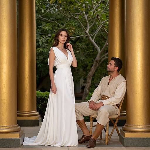 Photograph of a woman in a white, deep V-neck dress standing beside a man in beige, button-up shirt and pants, sitting on a chair