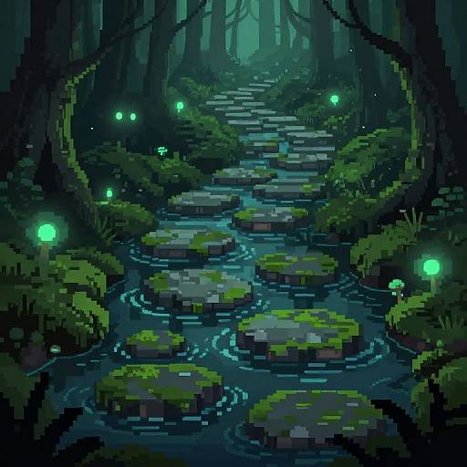 Pixel art of a mystical forest path with glowing green orbs, moss-covered stepping stones, and a serene, illuminated creek.