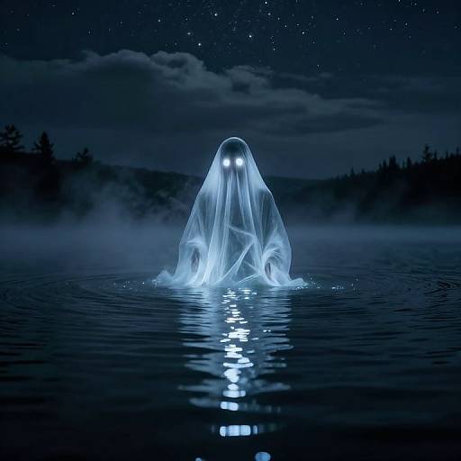 Digital illustration of a glowing, translucent ghost with white eyes floating in a dark, starry night over a misty lake.