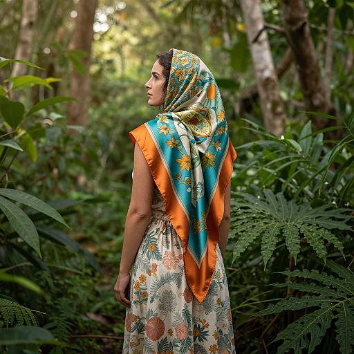 Photograph of a woman with medium brown skin, wearing a colorful floral saree with orange and blue borders, standing in a lush, green forest.