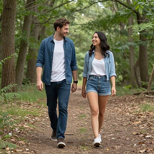 Photograph of a smiling couple walking on a forest path; man in blue shirt and jeans, woman in denim shorts and blue jacket.