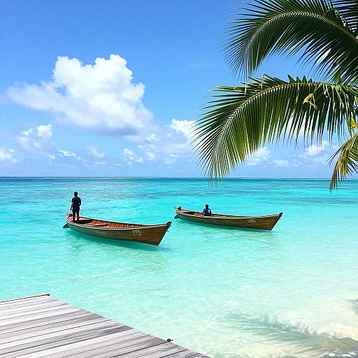 Photograph of two wooden boats in turquoise water, with a person standing in one. Palm fronds hang over a wooden dock. Bright blue sky with