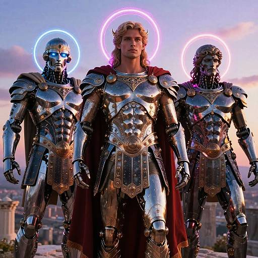 Photograph of a muscular man with long blond hair in medieval armor and red cape, flanked by two robotic warriors with glowing halos, against a