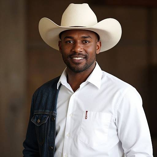 Photograph of a smiling Black man with dark skin, wearing a white cowboy hat, white button-up shirt, and black denim vest.