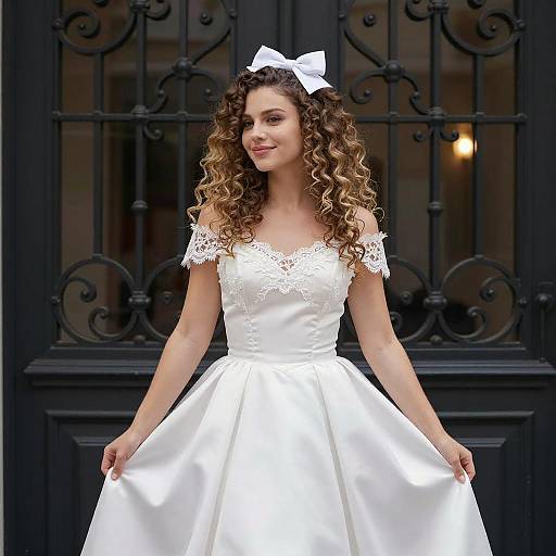 Curly-Haired Woman in Lace Dress