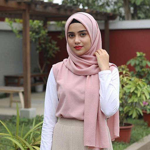 Young Woman in Pink Hijab Garden
