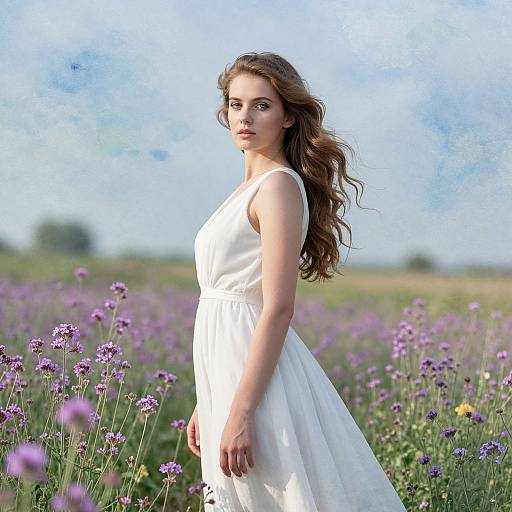 Photograph of a young woman with wavy brown hair in a white sleeveless dress standing in a field of purple wildflowers under a clear blue sky