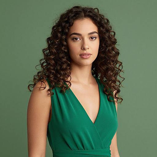 Photograph of a young woman with curly dark hair, light brown skin, and brown eyes, wearing a green V-neck dress, against a solid green