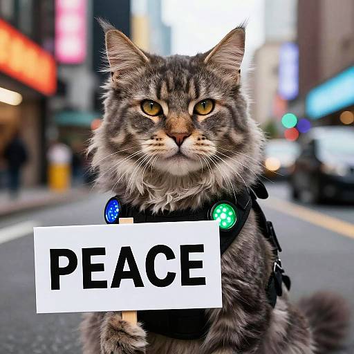 Photograph of a fluffy, gray tabby cat with yellow eyes, wearing a black harness with colorful buttons, standing on a city street at night,
