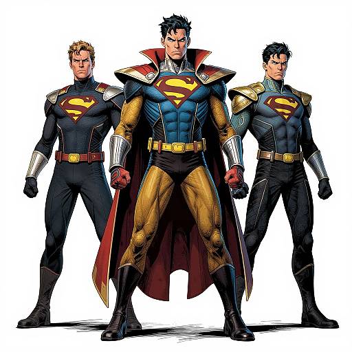 Digital drawing of three muscular, black-haired Superman characters in black and gold superhero suits, featuring the iconic red and yellow 