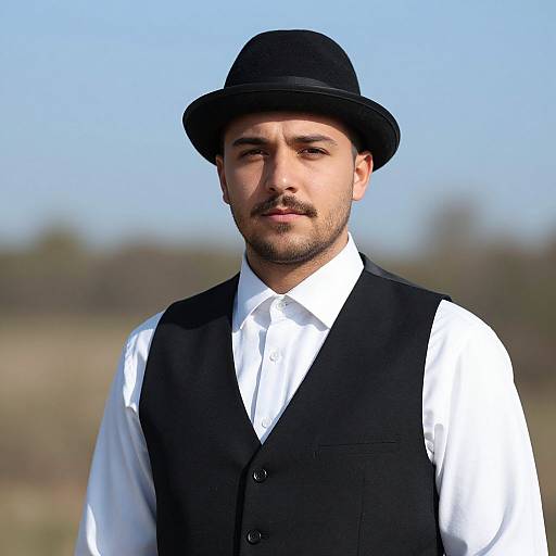 Photograph of a bearded man with light skin, wearing a black bowler hat, white shirt, and black vest, standing outdoors against a clear