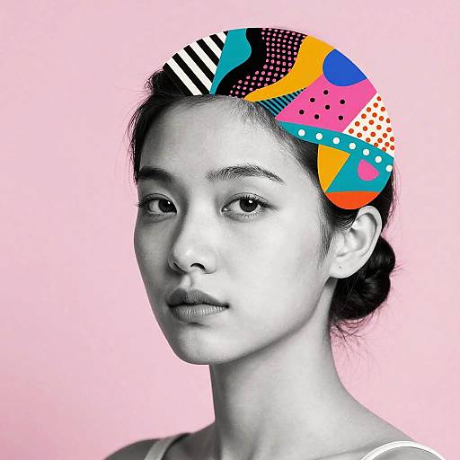 Photograph of an Asian woman with black hair, wearing a colorful, abstract headband against a pink background, in black and white.