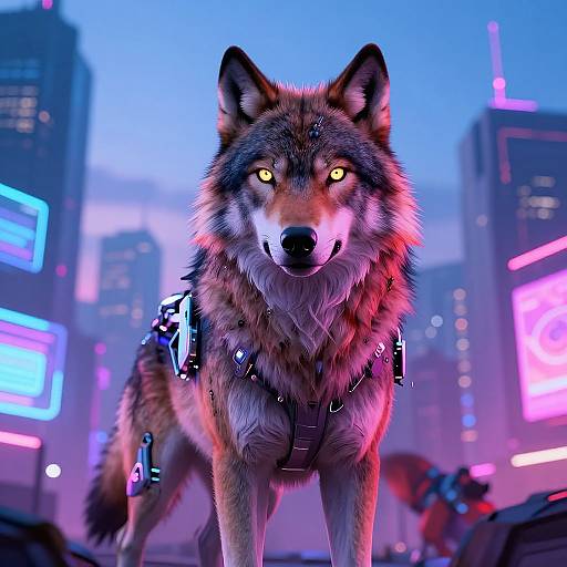 Majestic Cybernetic Wolf in Neon City