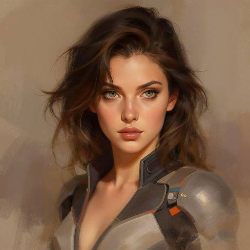 Digital painting of a beautiful woman with green eyes, wavy dark brown hair, and armored shoulders, staring intently forward.