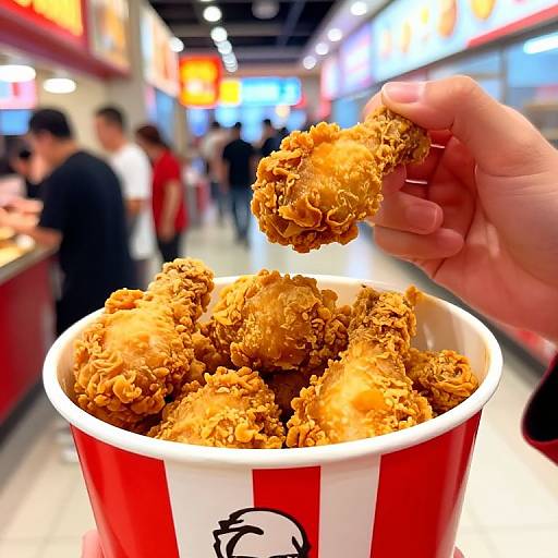 Photograph of a hand holding a fried chicken nugget above a red-and-white striped popcorn bucket in a brightly lit fast food restaurant. Blurred background