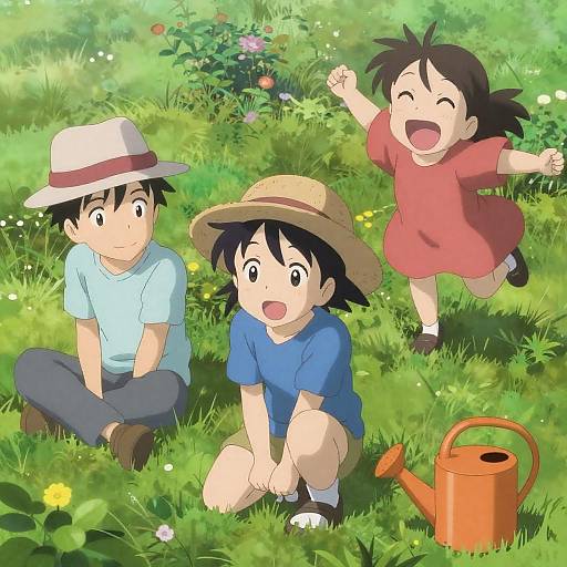 Three Anime Children Enjoying a Garden