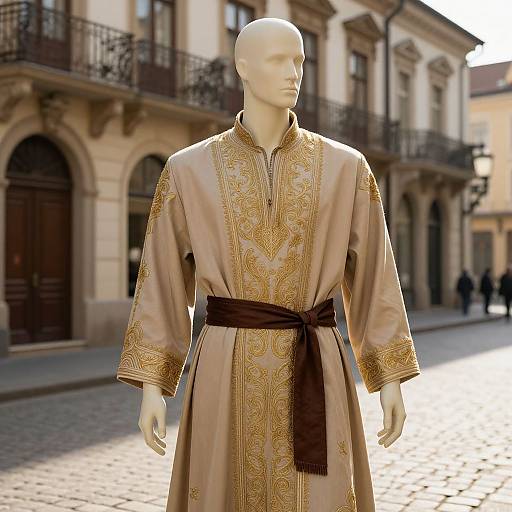 Photograph of a white mannequin wearing an ornate, beige and gold embroidered robe with a black belt, standing on a sunlit, cob