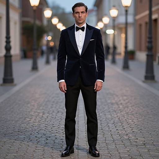 Photograph of a handsome man in a black tuxedo with a white shirt and black bow tie, standing on a cobblestone street with blurred