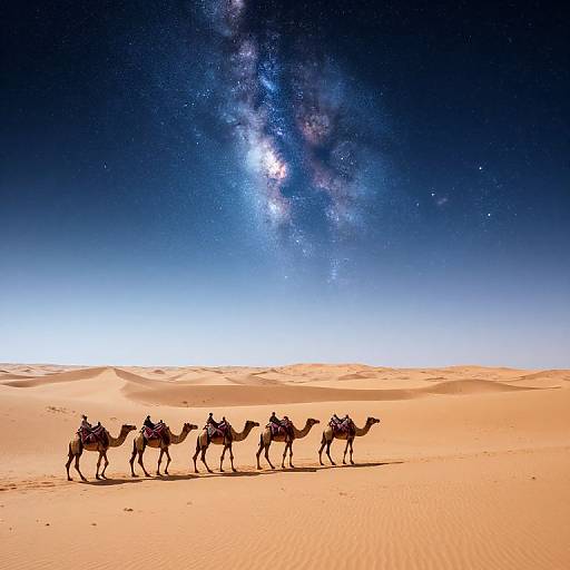 Photograph of four camels with riders, silhouetted against a brilliant night sky featuring the Milky Way, on a vast, sandy desert.