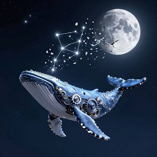 Digital artwork of a blue, gear-filled whale with star constellations connected to a bright full moon in a starry night sky.