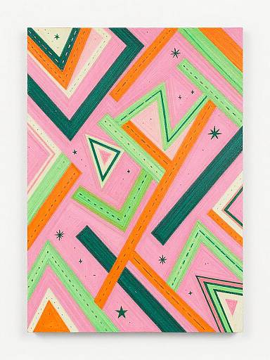 Abstract digital art with vibrant pink background, overlapping neon green, orange, and dark teal geometric shapes, and small black stars.