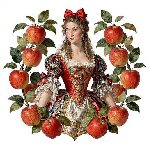 Baroque-style digital illustration of a curly-haired woman in ornate red and blue dress, surrounded by red apples and green leaves.