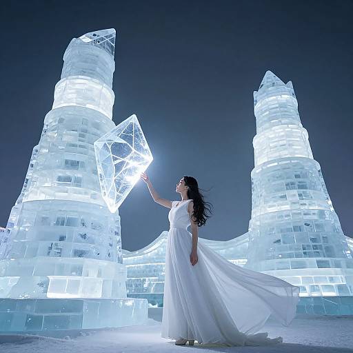 Photograph of a woman in a white gown touching a glowing ice sculpture, standing between two illuminated, towering ice structures at night.