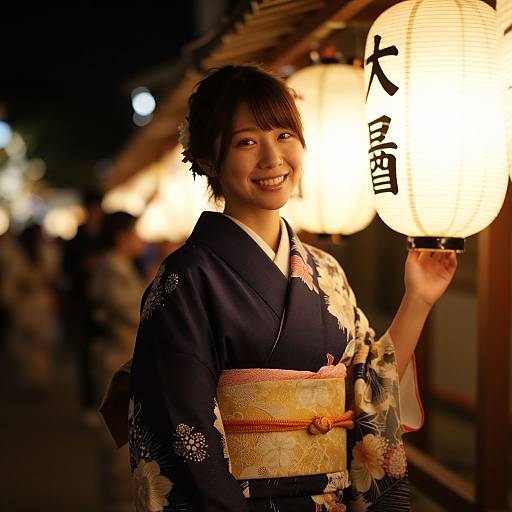 Photograph of a smiling Japanese woman in a dark blue floral kimono holding a glowing lantern with Japanese characters, illuminated by warm street lights at a nighttime