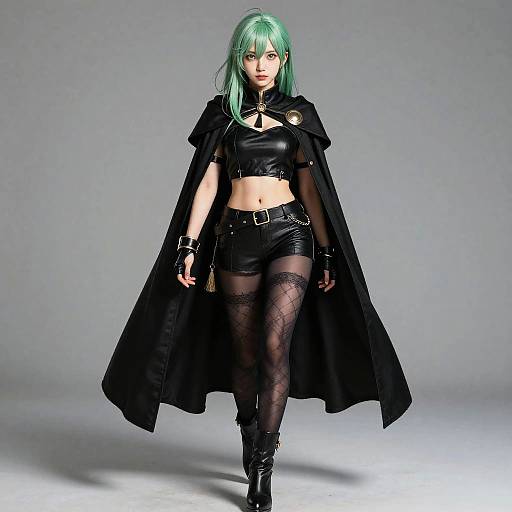 Photograph of a green-haired woman in black leather crop top, shorts, fishnet stockings, and cape, with black boots, standing confidently against a