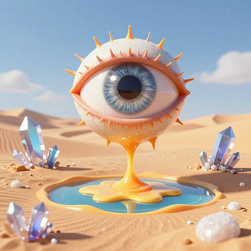 CGI image of a giant, blue-eyed, spiky, crystalline eye with a golden stem emerging from a desert oasis, surrounded by shimmering