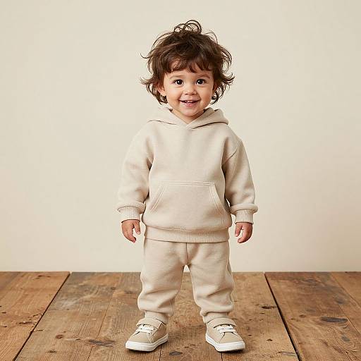 Photograph of a smiling young boy with curly brown hair, wearing a beige hoodie, matching pants, and white sneakers, standing on wooden floor against a