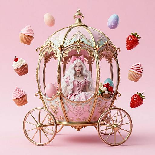 Digital illustration of a pink and gold fairy-tale carriage with a white-haired doll inside, surrounded by floating cupcakes and strawberries.