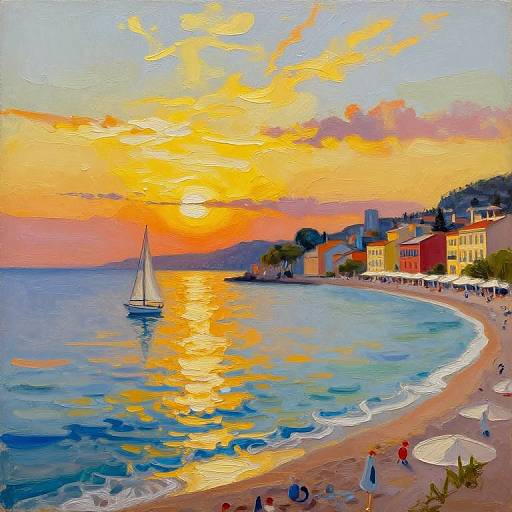 Vibrant oil painting of a sunset over a colorful seaside town, featuring a sailboat, beachgoers, and reflected orange-yellow skies.