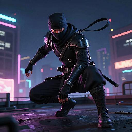 Cyberpunk ninja crouches in neon-lit city night, wearing black mask, gloves, and armor, holding katana, ready to strike