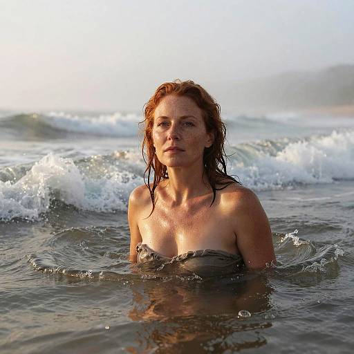 Photograph of a wet, red-haired woman with pale skin, standing chest-deep in the ocean, waves crashing behind her, sunlight illuminating her
