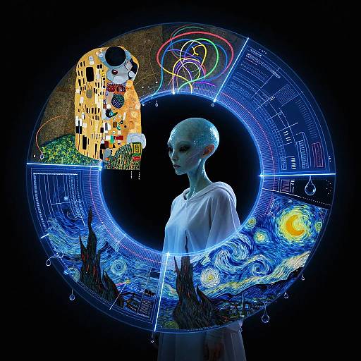 Digital art: Bald, blue-lit human figure in white robe, surrounded by glowing, colorful, circular holographic patterns, including Klimt's